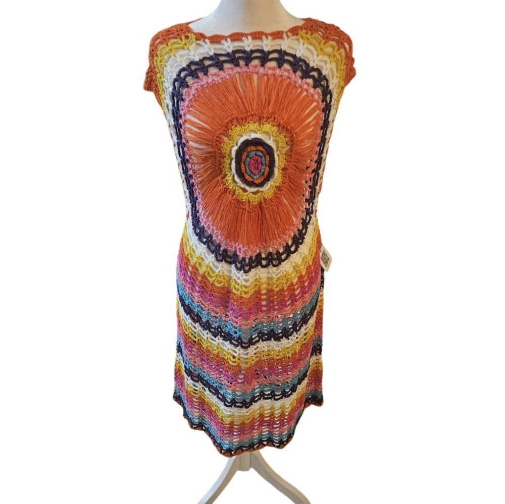 Handmade Rainbow Crochet Summer Dress Grannycore Floral Swimsuit cover-up Tunic - Picture 8 of 17